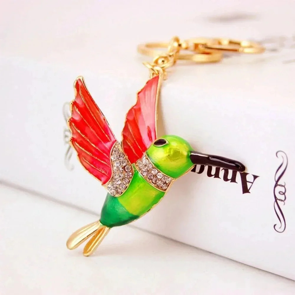 Cute Colorful Red & Green Bird Keyring Handbag Charm Keychain with Rhinestones